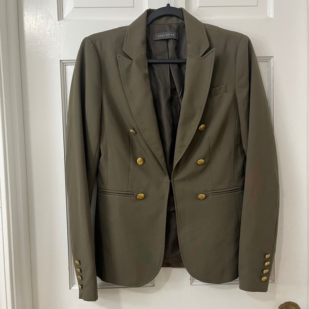 Olive Green Military Double Breasted Blazer Jacket S Band Dark Academia Office